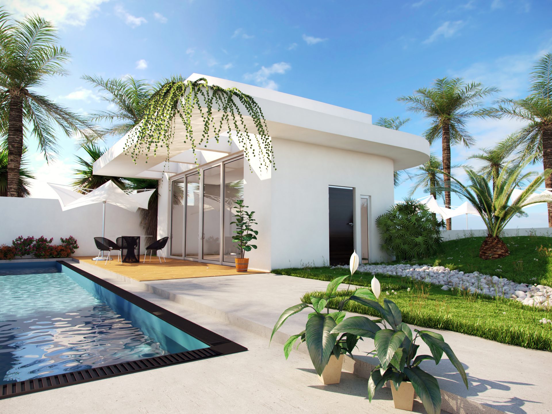 3d render of modern white villa next to the pool