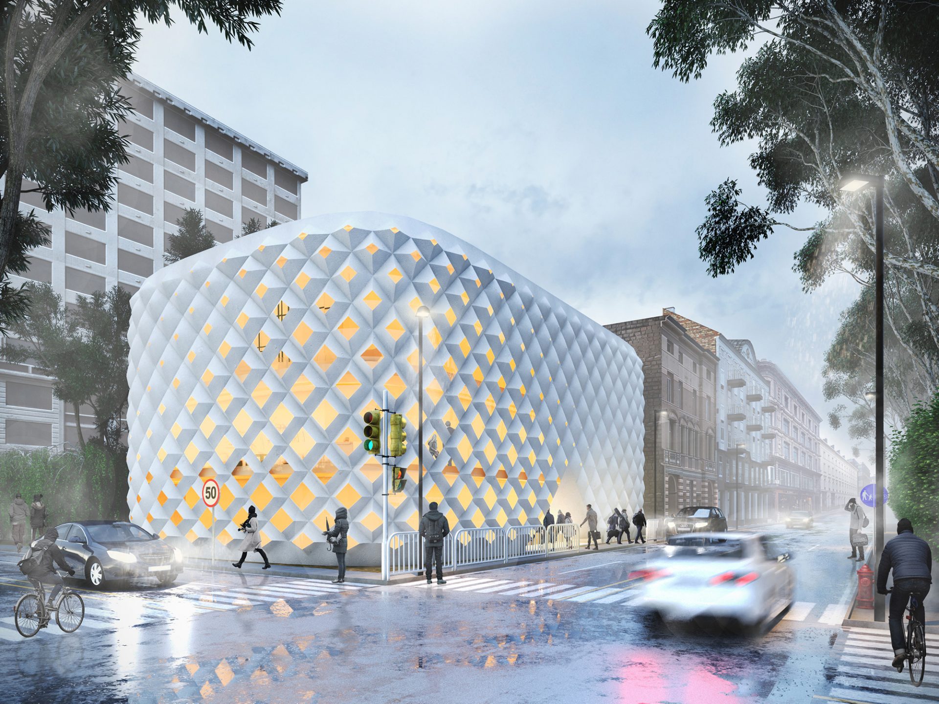 3d render of building in the rainy street