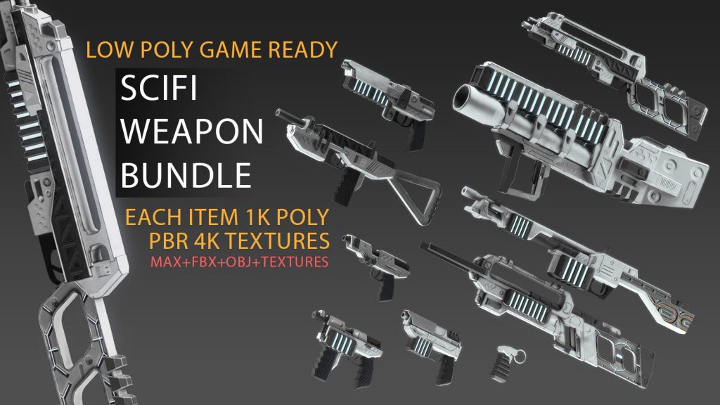 low poly game ready PBR SciFi weapon bundle