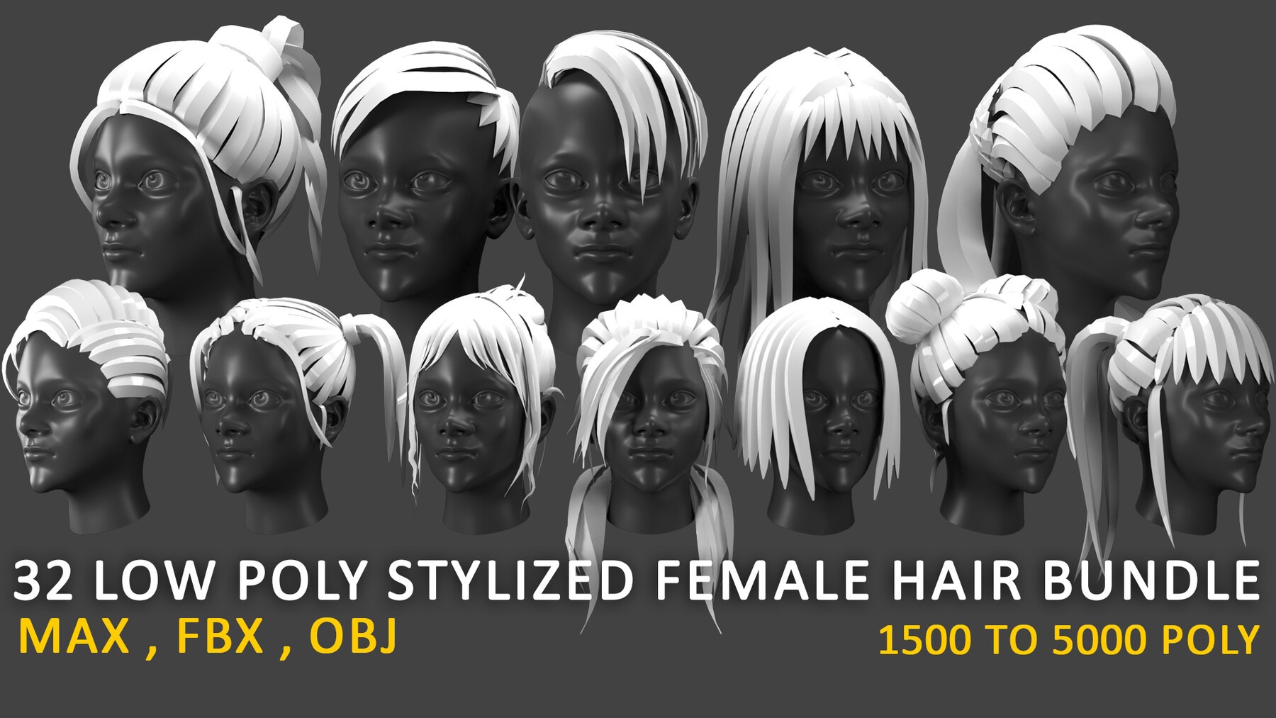 low poly stylized female hair bundle